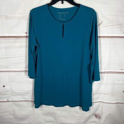 Susan Graver Modern Essentials Top Womens M Blue Solid Liquid Knit Keyhole Top