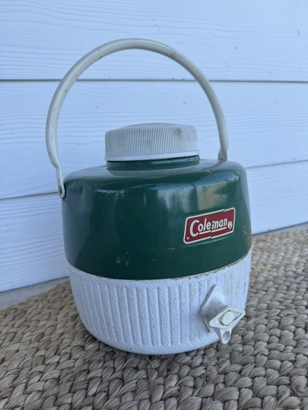 Vintage Coleman Green White Insulated Water Jug Cooler Spigot Made In USA