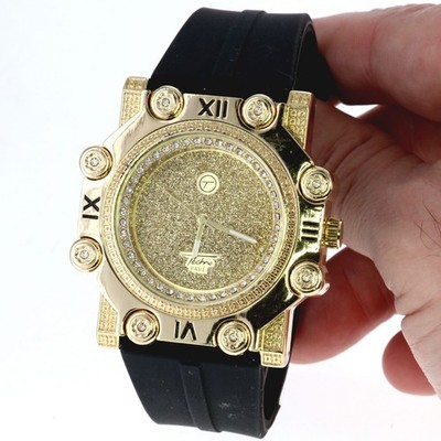 Men's Gold Techno Pave Octagon Shape Heavy Metal Silicone Band Hip Hop Watch