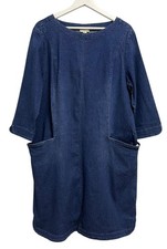 J Jill Dress Womens Large Blue Denim Shift 3/4 Sleeve Pockets Casual Knee Length