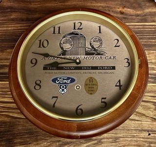 1932 Ford Dealers Inspired Classic Retro Styled 33cm Timber & Brass Wall Clock