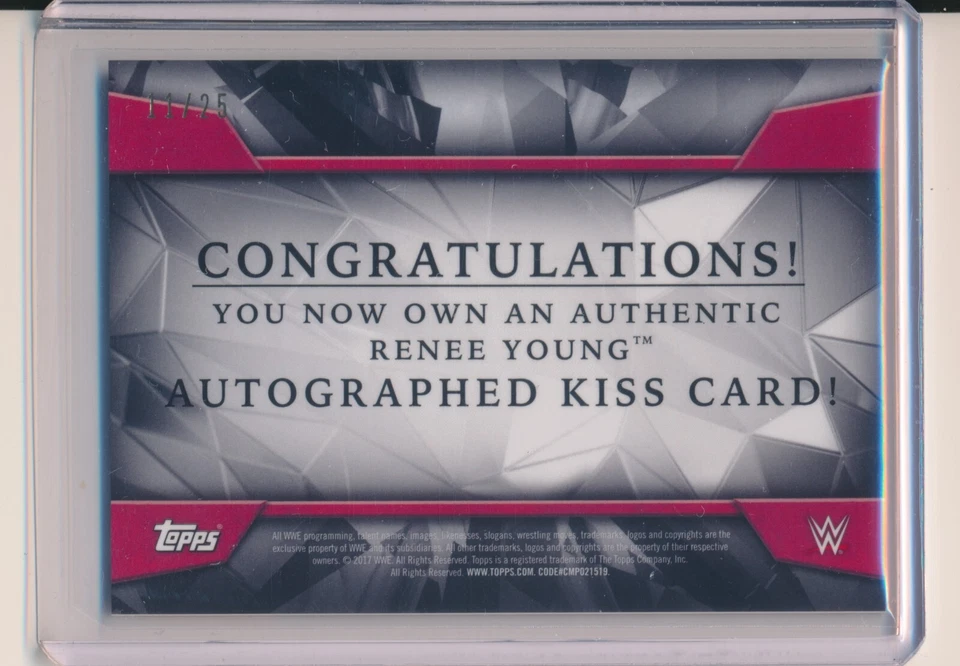 2017 Topps WWE Renee Young Kiss Card Auto #11/25 Paquette - Image 2 of 2
