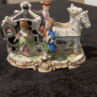 Vintage Colonial Horse Drawn Carriage Figurine - White Horses, Man & Woman 4 X6 