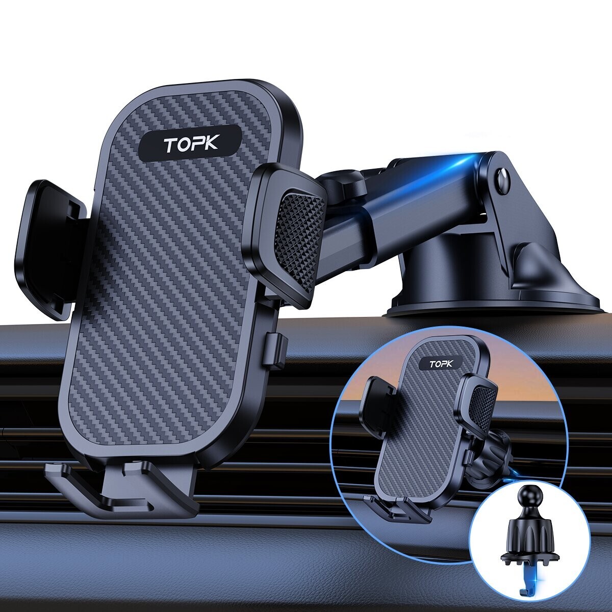 TOPK Car Phone Mount 3 in 1 Phone Holder for Car Dashboard/Windscreen/Air Vent-image