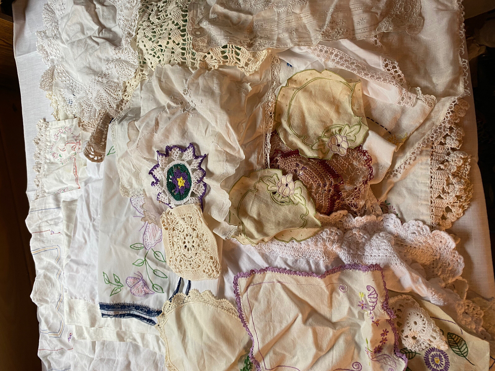 Vintage Embroidered Table Toppers With Rickrack Edging, Crochet Doilies