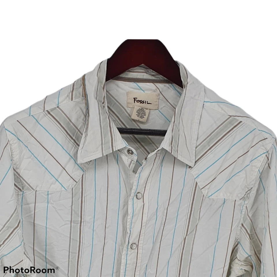 Fossil Shirt Mens Large Western Pearl Snap Cowboy 100% Cotton Striped White - Image 3 of 4