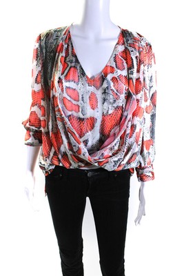 Oo La La Womens Snakekint Print V Neck Blouse White Red Size Extra Small