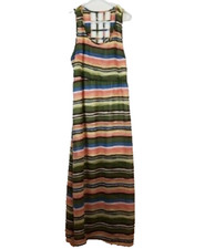 Audrey Ann BOHO Maxi Dress Womens Size Medium Multi Striped Sleeveless Cage Back