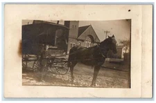 c1910's Child Boy Horse And Wagon Church RPPC Carriage Photo Postcard