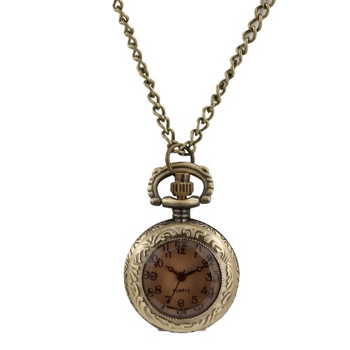 Antique Mini Tawny Glass Design Men Women Quartz Pocket Watch Necklace Chain - Picture 2 of 11
