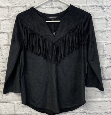 NEW Express western top blouse womens XS faux suede fringe black 3/4 slv vneck