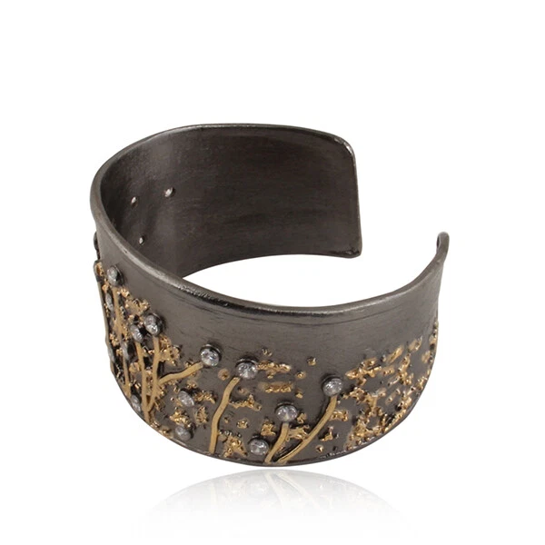 传统古董手工 925 银黑色宽袖口手链 — 第 2/3 张图片