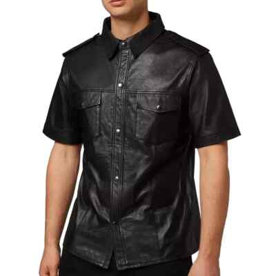 Real Soft Lambskin Biker Handmade Stylish Casual Shirt Black Men's Leather Shirt