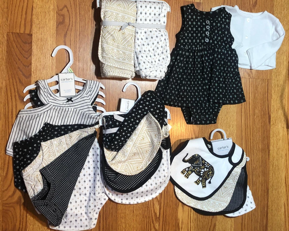 Carters Niñas Baby Shower Regalo Separado vendido como 17 piezas Set Negro Blanco Dorado 3 M Foto 4 de 4
