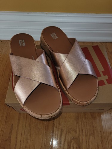 FitFlop F-Mode Metallic Leather Slide Sandals Rose Gold Choose Size - Picture 4 of 13