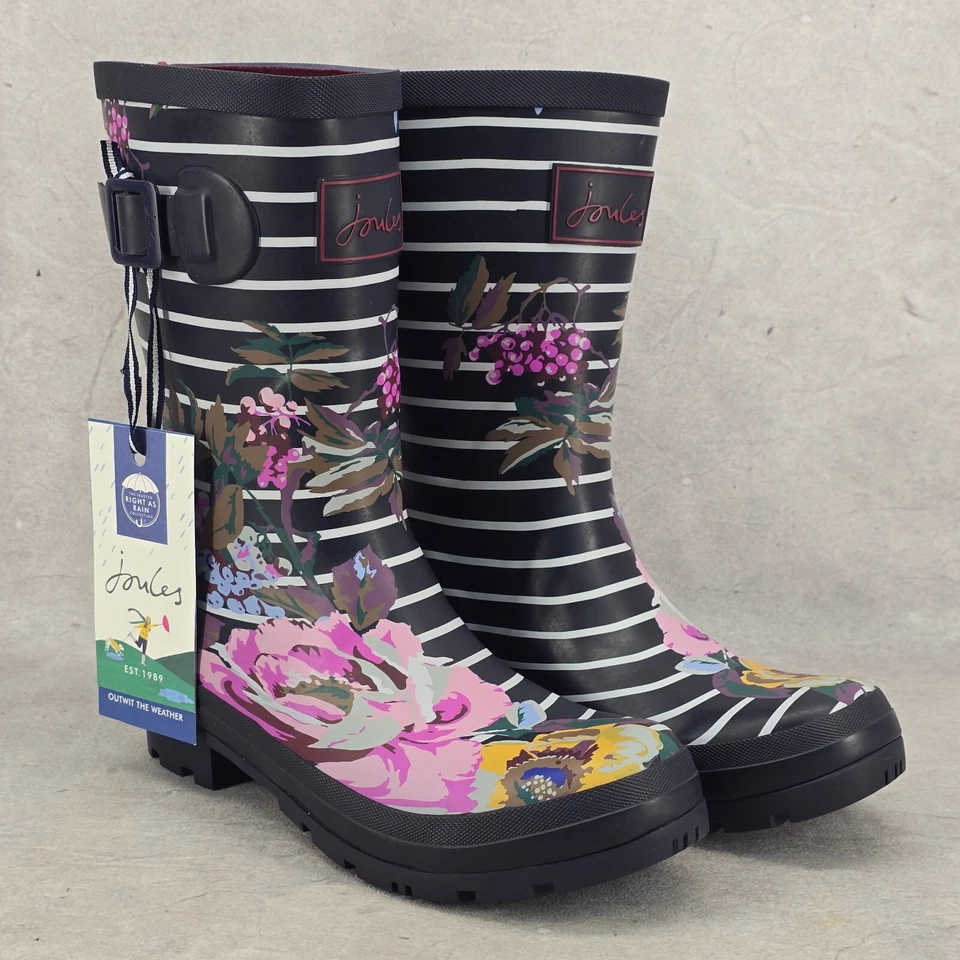 Nuevas Botas de Lluvia Joules Media Pantorrilla Molly Welly Azul Marino Rayas Flores Talla EE. UU.: 6 REINO UNIDO: 4 Foto 2 de 4