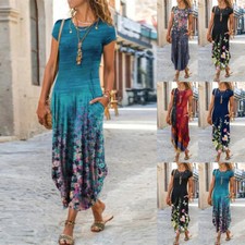 Womens Summer Floral Boho Maxi Dress Ladies Short Sleeve Holiday Sundress Plus