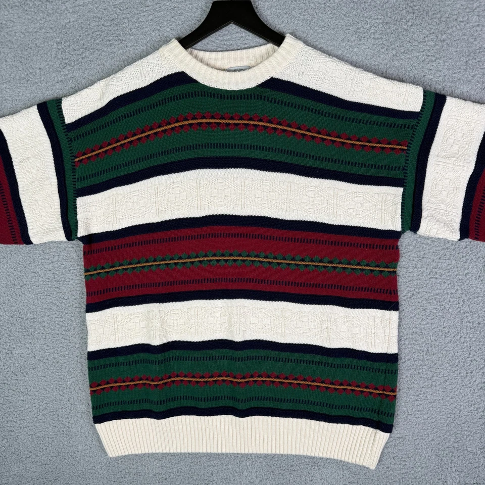Vintage 90s Preppy Striped Cotton Knit Sweater Men's Large Van Heusen - Image 2 of 4