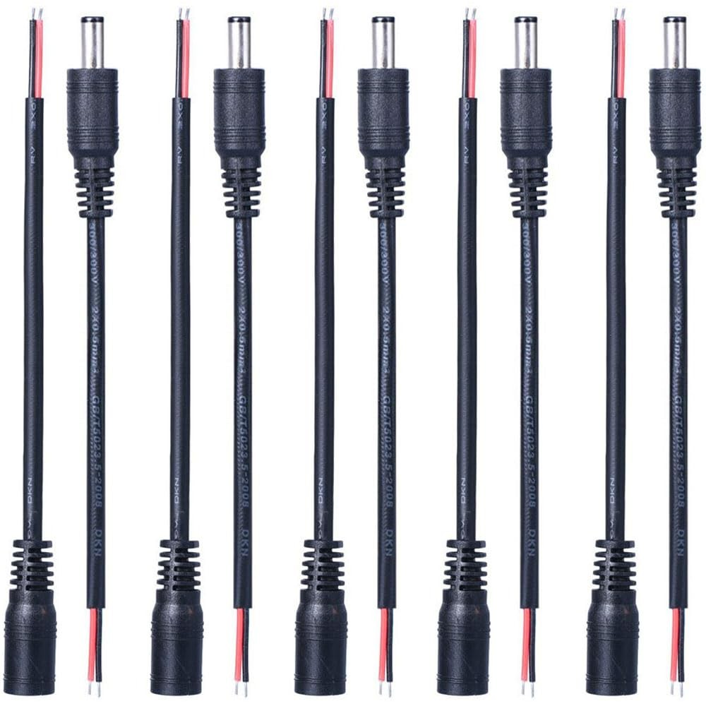 5 Pairs 22AWG DC Power Pigtail Cable 5V 24V 5.5mm x 2.1mm Male Female Connector