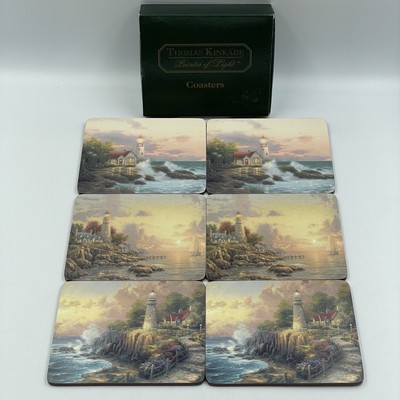 Thomas Kinkade   Set 6 x ''Leuchtturm'' Getränke Untersetzer   Originalverpackt   Sehr guter Zustand