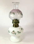 Vtg Pink White NELLIE BLY Miniature Milk Glass Hand Painted Oil Lamp 9” Tall