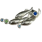 Vintage Trifari Brooch Fish Silver Tone Blue Green Rhinestones Jewelry New *READ