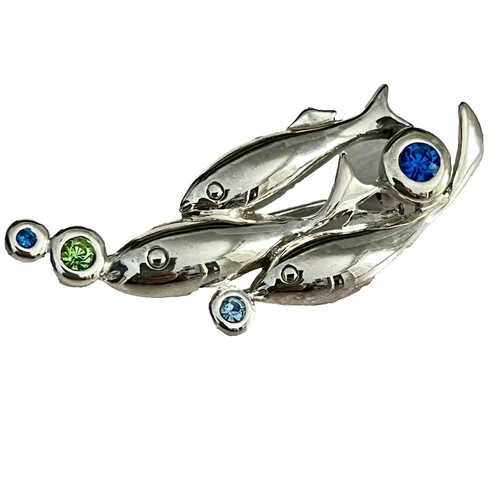 Vintage Trifari Brooch Fish Silver Tone Blue Green Rhinestones Jewelry New *READ