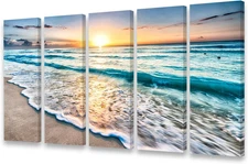 Beach Sunset Canvas Prints - Framed Ocean Wall Art for Home Décor, 12x32in, Set 