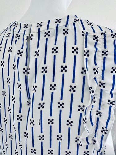 🔷PRADA Top Blouse Sable Damier Riga Viscose White Royal Blue Logo Size IT42 S🔷 - Picture 6 of 23