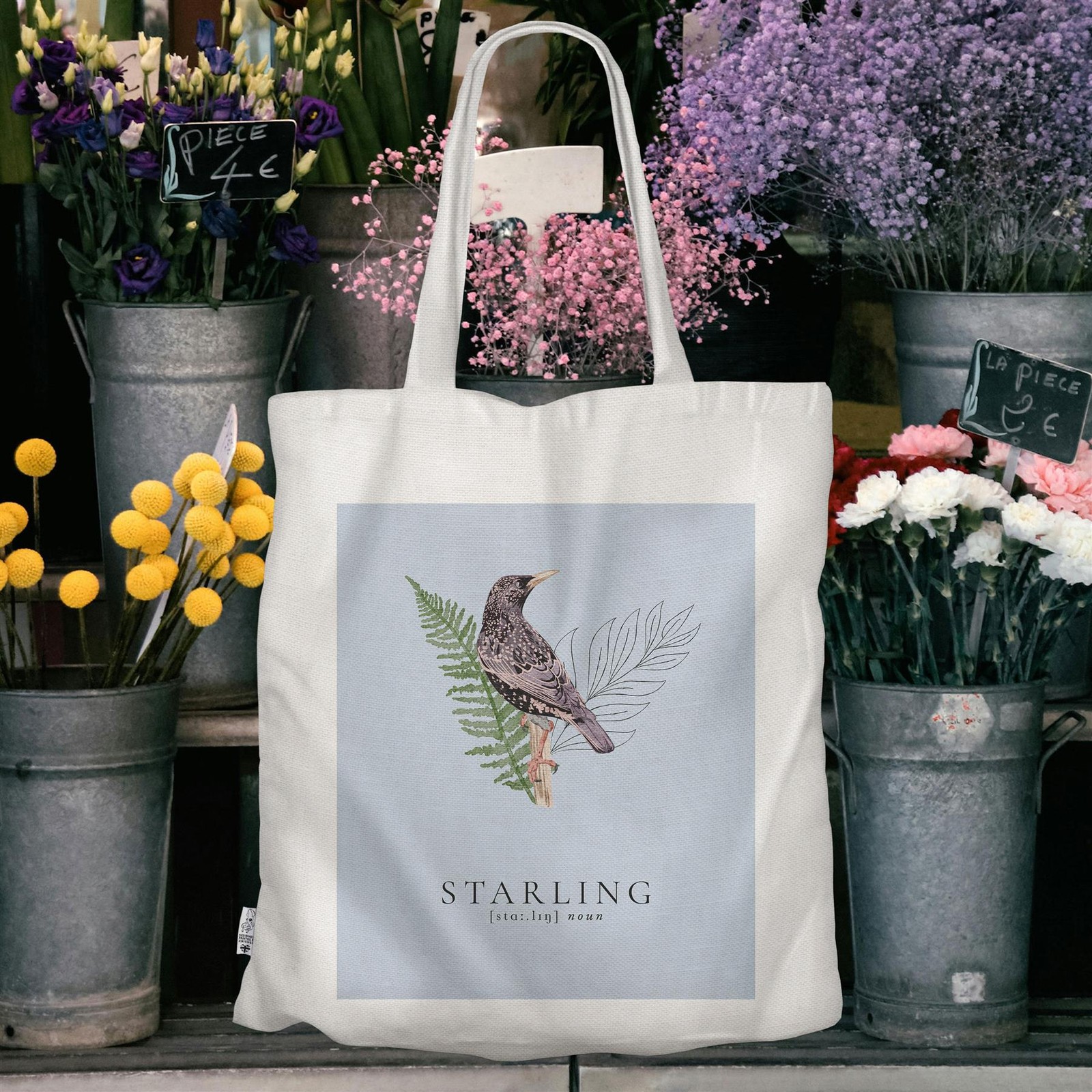 Starling Bird In Garden on Blue Polyester Reusable Shopping Tote Bag