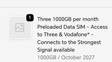 Three SIM With 1000gb Preloaded Data Per Month Until October 2027