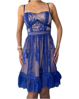 RYSE THE LABEL Blue Nude Lace Floral Sweetheart Mini Dress Ruffle Strappy XS