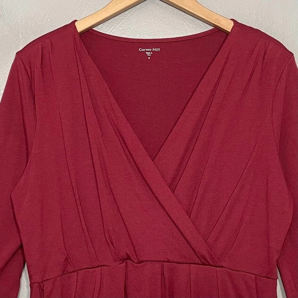 Garnet Hill Babydoll Tunic Size M Mini Dress Burgundy Pima Modal Knit Faux Wrap - Image 2 of 4