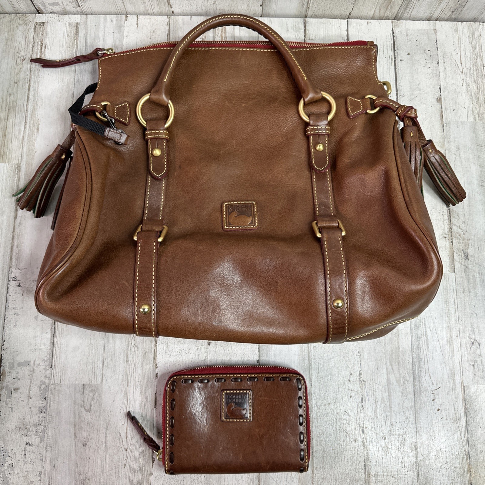 Dooney & Bourke Florentine Leather Satchel Purse Brown Hardware Tassels, Wallet