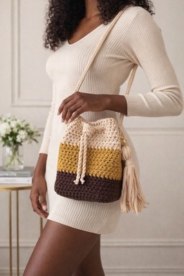 Boho Chic Crochet Bucket Bag Women's Knit Colorblock Pattern Beach Purse Bag