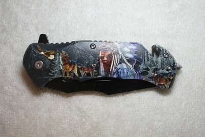 8 3/4'' INDIAN HEADDRESS WOLF EAGLE E-Z OPEN Spring Open Assisted Pocket Knife