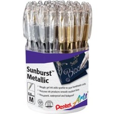 K908XZ-4 Pentel Sunburst Metallic Gel Pen Display, Medium, Gold/Silver, 48 Pens