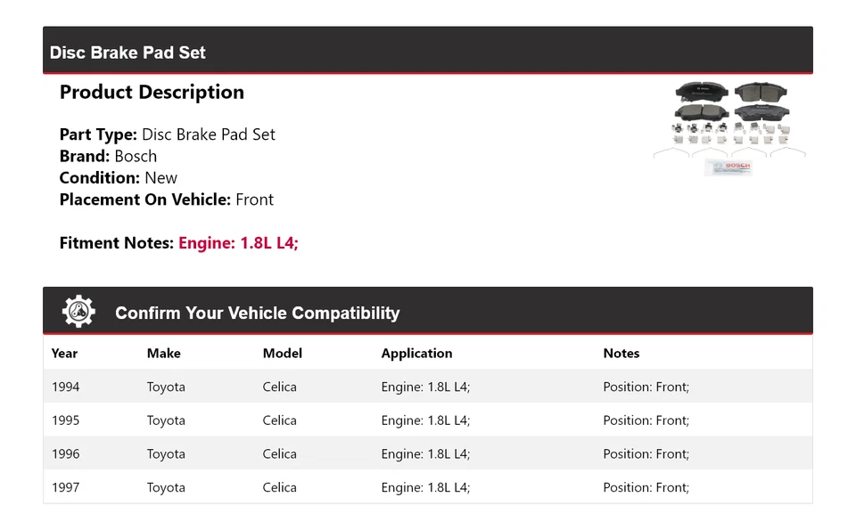 For 1994-1997 Toyota Celica 1.8L L4 Bosch QuietCast Ceramic Brake Pads Front - Изображение 2 из 4