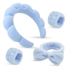 Sponge Spa Headbands for Women  Wristband Set,Puffy Makeup Headband Set Blue