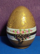 Limoges France Peint Main Large Egg  Flowers Raised Gold Trinket Box.