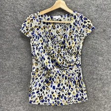Charter Club Blouse Women PP Petite Blue Animal Print Surplice Short Sleeve