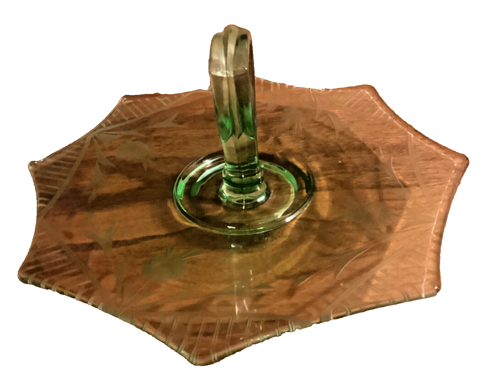 Vintage Octagonal Etched Floral Green Depression Era Serving Dish Center Handle