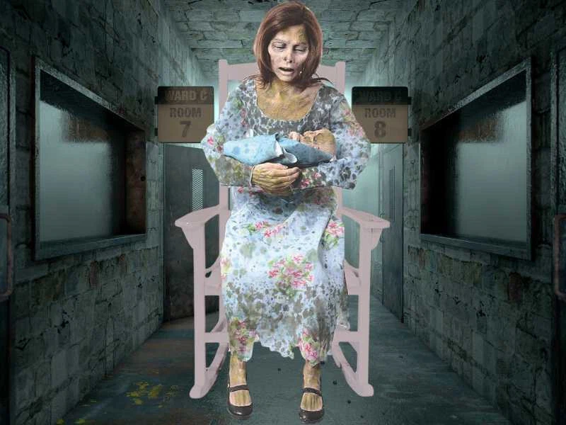 Zombie Baby Prop Halloween Animated Rocking Moldy Mommy Haunted House Life Size