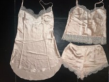 Victoria's Secret M SLIP S CAMI SET shorts SATIN GOLD beige lace pajamas PJ Lace