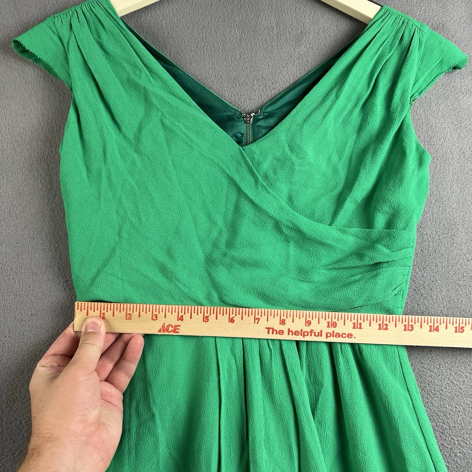 Abito donna Kate Spade taglia 2 verde smeraldo balza orlo arricciato avvolgente senza maniche
