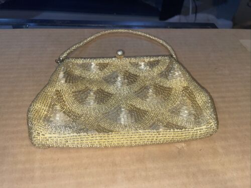 Vintage 50’s Rhinestone Gold Clutch (1) Handle Purse Evening Bag beaded 8x5