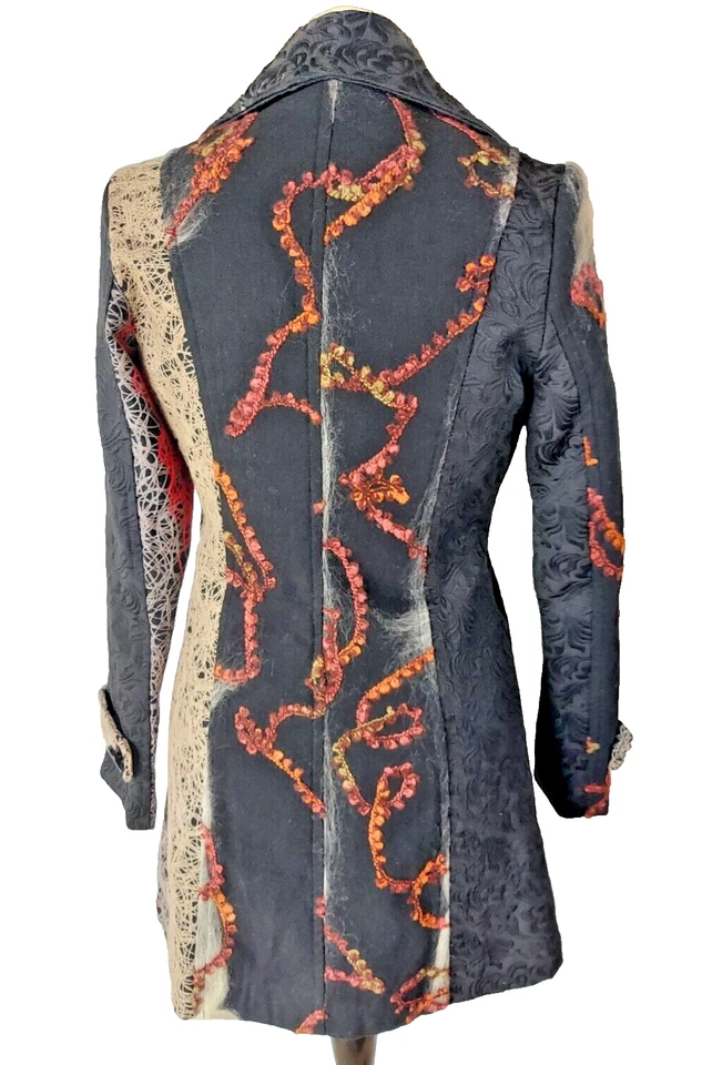 Neslay Paris Anthropologie Black Red Patchwork Brocade Coat Double Breast Size S - Image 3 of 4