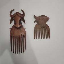 Lot of 2 Vintage African Wood Hair Picks Combs Hand Carved Read See Pictures