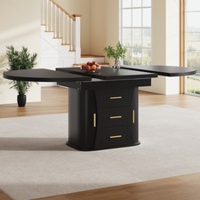 Extendable Round Dining Table, Oval Kitchen Table w/ Storage, Black Wood Finish