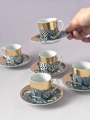 Rosenthal Fornasetti High Fidelity 5x Espresso Tassen & Untertassen Gold Katze